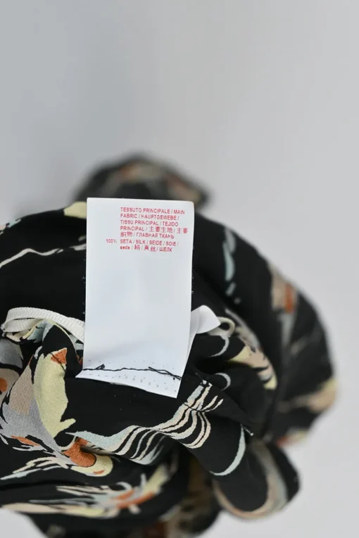 Black bias-cut silk floral print asymmetric A-line midi skirt with adjustable toggle ruched seam