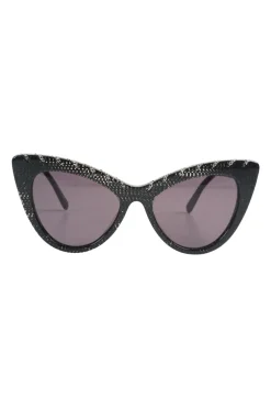 Black bio-acetate cat eye sunglasses with silver chain and shimmer details