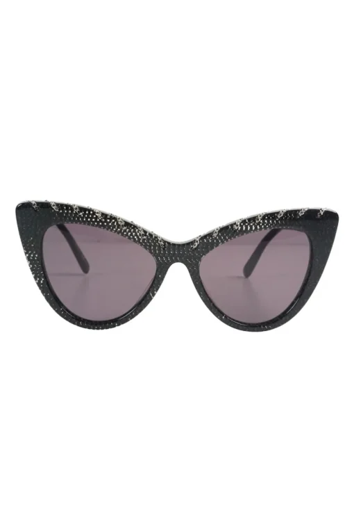 Black bio-acetate cat eye sunglasses with silver chain and shimmer details