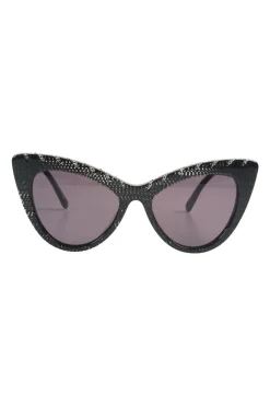 Black bio-acetate cat eye sunglasses with silver chain and shimmer details