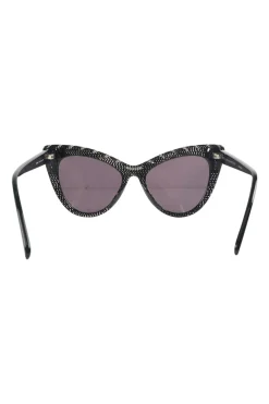 Black bio-acetate cat eye sunglasses with silver chain and shimmer details