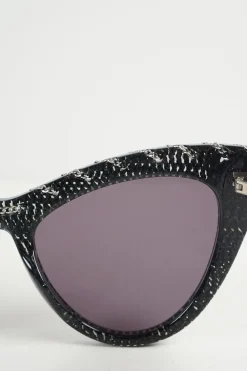 Black bio-acetate cat eye sunglasses with silver chain and shimmer details