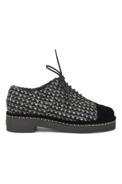 Black bouclé tweed and velvet lace-up flatform Derby shoes with Coco Mark heel plaque and rubber soles