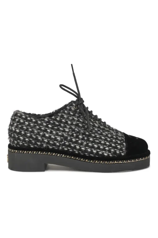 Black bouclé tweed and velvet lace-up flatform Derby shoes with Coco Mark heel plaque and rubber soles