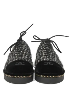 Black bouclé tweed and velvet lace-up flatform Derby shoes with Coco Mark heel plaque and rubber soles