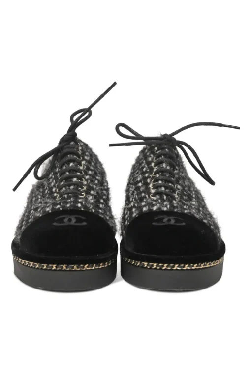 Black bouclé tweed and velvet lace-up flatform Derby shoes with Coco Mark heel plaque and rubber soles