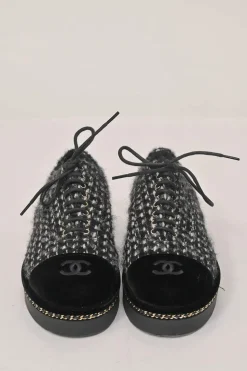 Black bouclé tweed and velvet lace-up flatform Derby shoes with Coco Mark heel plaque and rubber soles