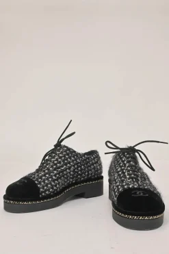 Black bouclé tweed and velvet lace-up flatform Derby shoes with Coco Mark heel plaque and rubber soles