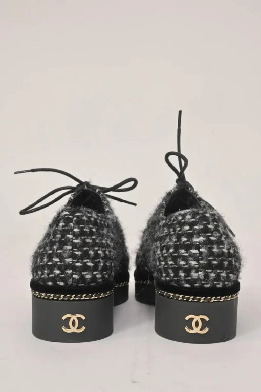 Black bouclé tweed and velvet lace-up flatform Derby shoes with Coco Mark heel plaque and rubber soles
