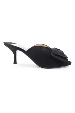 Black bow-embellished suede and leather kitten heel mules
