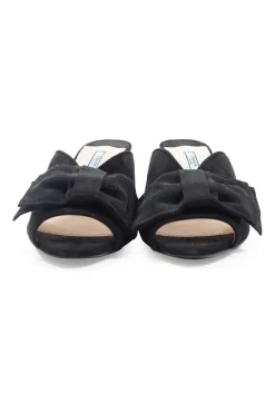 Black bow-embellished suede and leather kitten heel mules