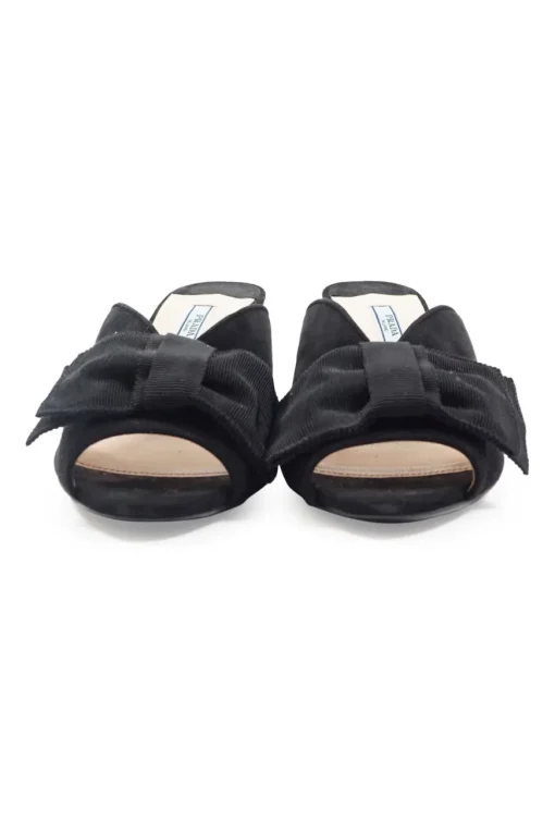 Black bow-embellished suede and leather kitten heel mules