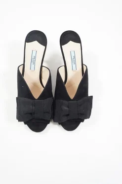 Black bow-embellished suede and leather kitten heel mules