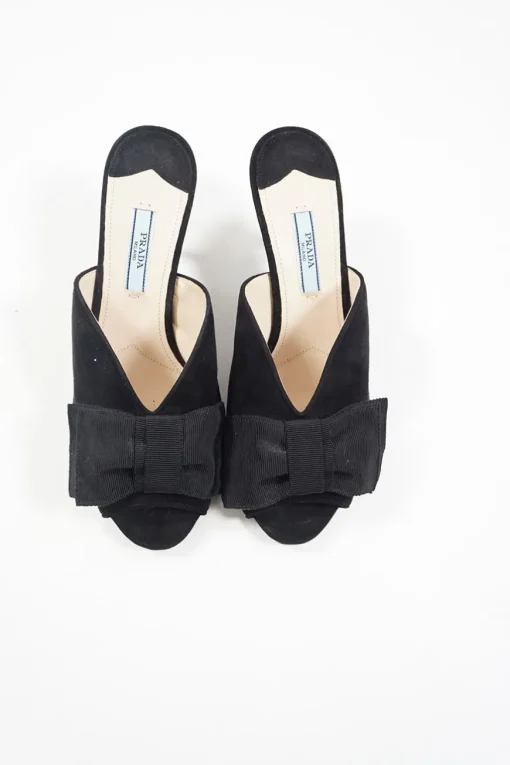 Black bow-embellished suede and leather kitten heel mules