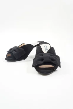 Black bow-embellished suede and leather kitten heel mules