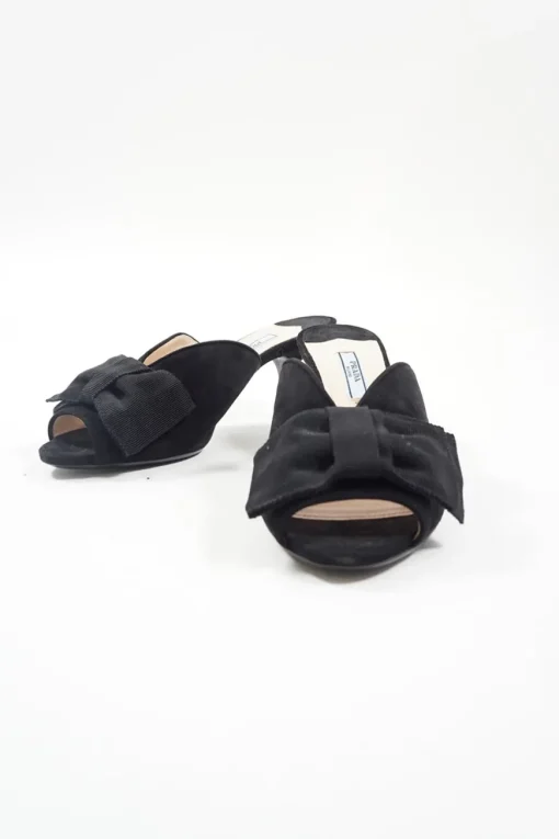 Black bow-embellished suede and leather kitten heel mules