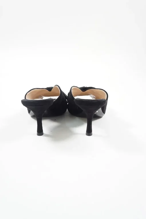Black bow-embellished suede and leather kitten heel mules