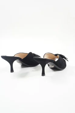 Black bow-embellished suede and leather kitten heel mules