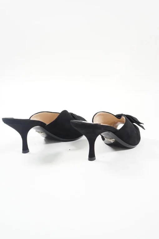 Black bow-embellished suede and leather kitten heel mules