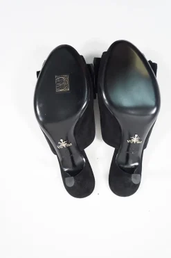 Black bow-embellished suede and leather kitten heel mules