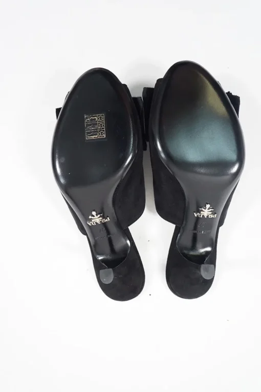 Black bow-embellished suede and leather kitten heel mules