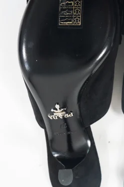 Black bow-embellished suede and leather kitten heel mules