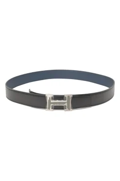 Black box calfskin and blue Togo leather reversible Constance belt with H buckle