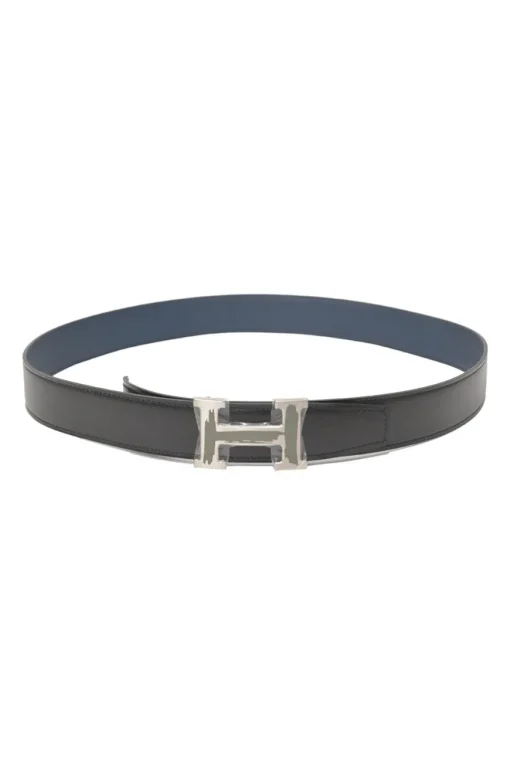 Black box calfskin and blue Togo leather reversible Constance belt with H buckle