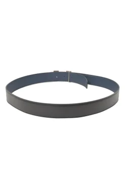 Black box calfskin and blue Togo leather reversible Constance belt with H buckle
