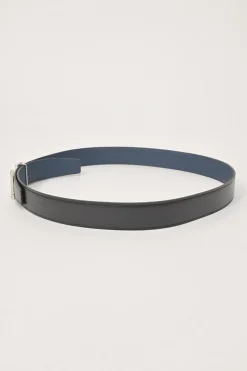 Black box calfskin and blue Togo leather reversible Constance belt with H buckle