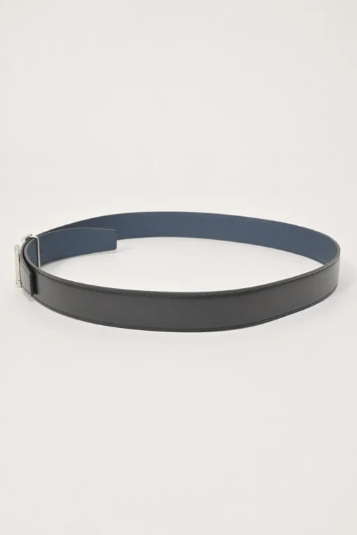 Black box calfskin and blue Togo leather reversible Constance belt with H buckle
