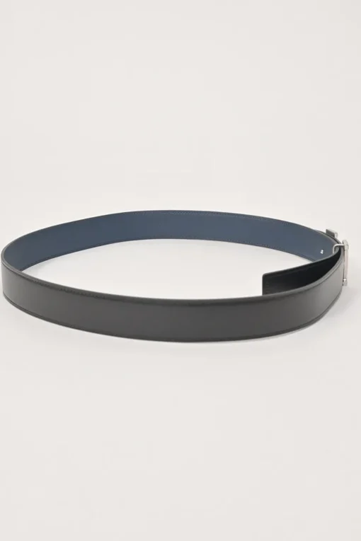 Black box calfskin and blue Togo leather reversible Constance belt with H buckle