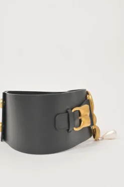 Black box calfskin and gold-finish metal ear belt featuring original Jean Schlumberger 1938 co-created house emblem earring