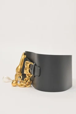 Black box calfskin and gold-finish metal ear belt featuring original Jean Schlumberger 1938 co-created house emblem earring
