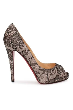 Black brocade lace open toe high heels