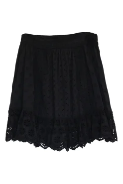 Black broderie Anglaise cotton mini A-line skirt with scalloped hem