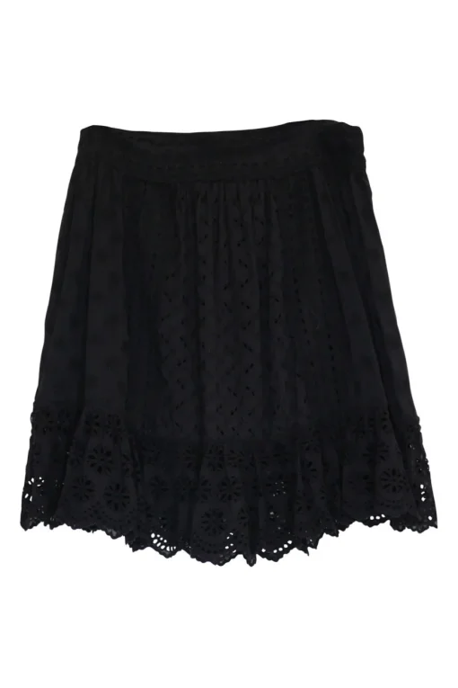 Black broderie Anglaise cotton mini A-line skirt with scalloped hem