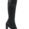 Black buffed sheepskin Mascha pull-on knee-high square toe block heel boots with polished metal trim