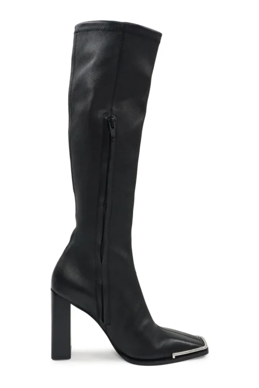 Black buffed sheepskin Mascha pull-on knee-high square toe block heel boots with polished metal trim