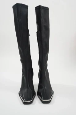 Black buffed sheepskin Mascha pull-on knee-high square toe block heel boots with polished metal trim