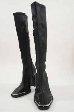 Black buffed sheepskin Mascha pull-on knee-high square toe block heel boots with polished metal trim