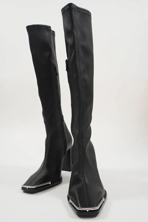Black buffed sheepskin Mascha pull-on knee-high square toe block heel boots with polished metal trim