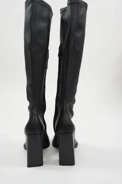 Black buffed sheepskin Mascha pull-on knee-high square toe block heel boots with polished metal trim