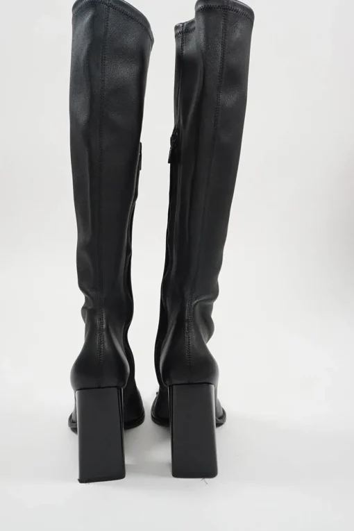 Black buffed sheepskin Mascha pull-on knee-high square toe block heel boots with polished metal trim