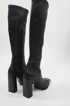 Black buffed sheepskin Mascha pull-on knee-high square toe block heel boots with polished metal trim
