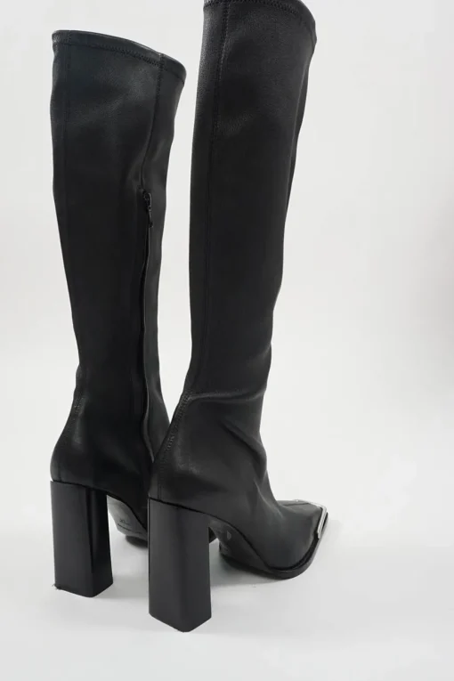Black buffed sheepskin Mascha pull-on knee-high square toe block heel boots with polished metal trim