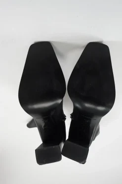 Black buffed sheepskin Mascha pull-on knee-high square toe block heel boots with polished metal trim