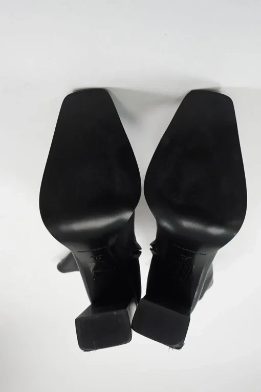 Black buffed sheepskin Mascha pull-on knee-high square toe block heel boots with polished metal trim