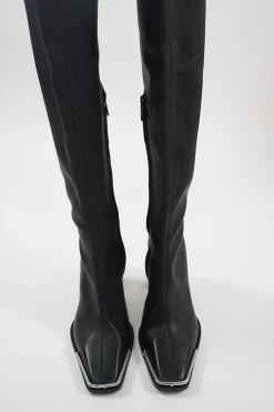 Black buffed sheepskin Mascha pull-on knee-high square toe block heel boots with polished metal trim