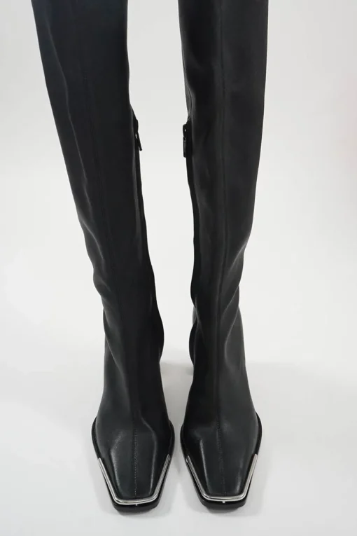 Black buffed sheepskin Mascha pull-on knee-high square toe block heel boots with polished metal trim